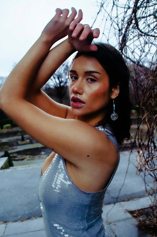 bíseanna airgid le cuiríní gorm